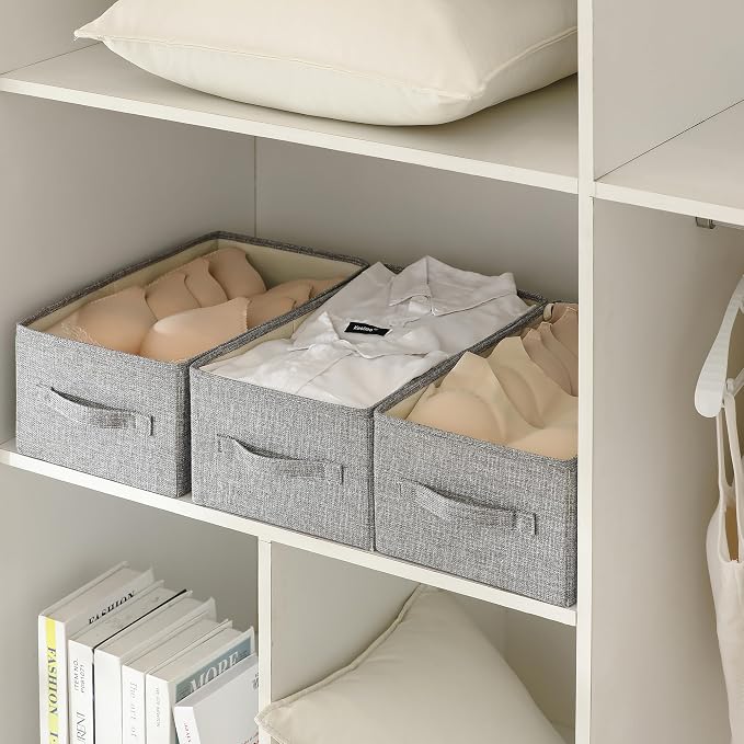 Linen Folding Storage Bins, 3 Pack Large Storage Baskets, Washable, Clothing Storage Bins with Handle, Closet Organizer for Storage Sweater,Sheets(dark grey, 16" x9½x6¾)