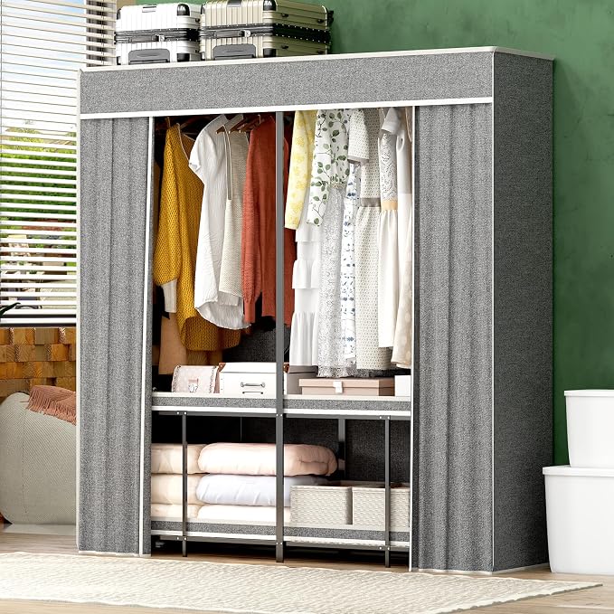 Umeiga Heavy Duty Portable Closet with Cover 1200Ibs Foldable Covered Clothes Rack for Hanging Armoire Wardrobe Closet System Freestanding Coat Storage Garment Racks 60" W x 71" H x 20" D