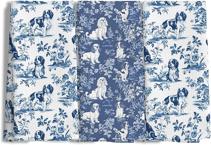 Chinoiserie Cavalier King Charles Spaniel Kitchen Towels Set of 2,Blue and White Floral Cavalier Spaniel Decorative Hand Towels,Grandmillennial Dog Hand Towels for Kitchen Bathroom,16x24 Inch
