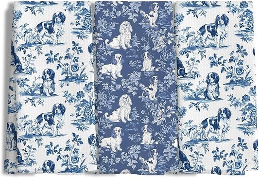 Chinoiserie Cavalier King Charles Spaniel Kitchen Towels Set of 2,Blue and White Floral Cavalier Spaniel Decorative Hand Towels,Grandmillennial Dog Hand Towels for Kitchen Bathroom,16x24 Inch