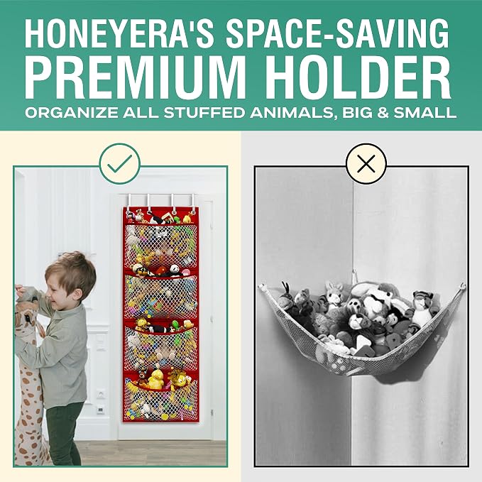 Honeyera Storage for Stuffed Animal - Over Door Organizer for Stuffies, Baby Accessories, and Toy Plush organizer/Easy Installation with Breathable Hanging Storage Pockets (SuperHero Red)