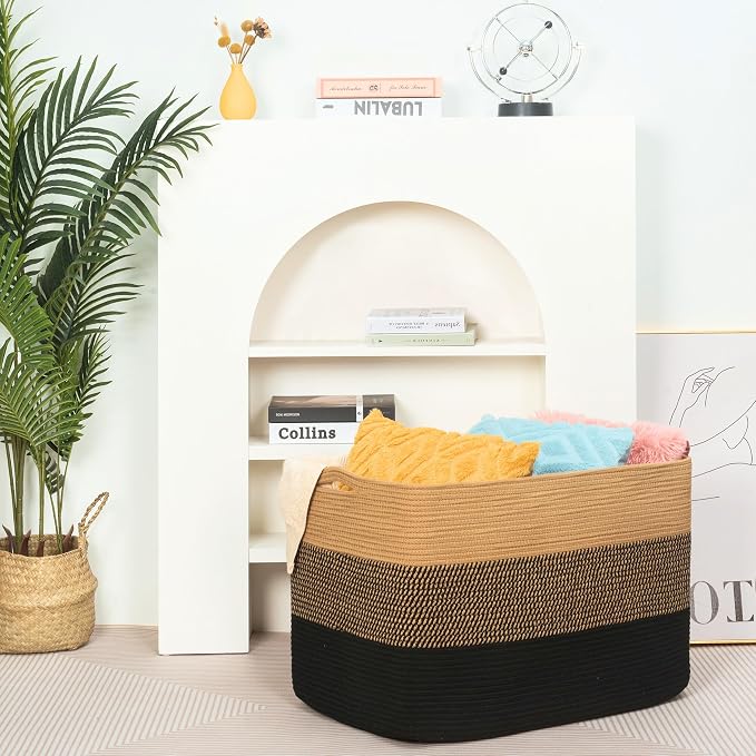 112L Extra Large Blanket Basket Holder Living Room, 25"x17"x16" Rectangle Rope Woven Storage Basket with Handles for Laundry, Pool Towels, Shoes, Dog Toy Organizer Bin Box, Black Jute