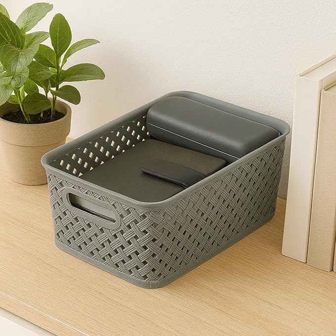 Simplify Small Resin Wicker Tote | Storage Bin | Plastic Organizer | Carrying Handles | Bathroom | Pantry | Accessories | Cleaning Products | Grey