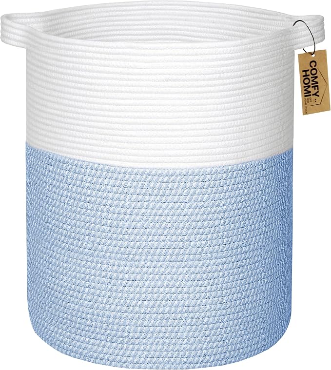 COMFY-HOMI XXL Large Laundry Basket with Handles Blanket Baskets Living Room|Woven Cotton Rope Decorative Basket Laundry Hamper Baby Basket Nursery Dog Toy Storage Organizer Bin-16”x18”-White/Blue
