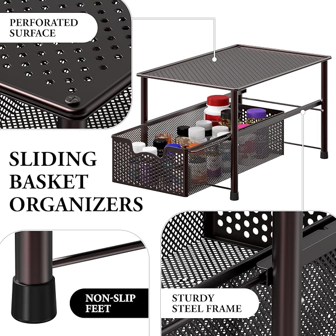 Simple Houseware Stackable Under Sink Sliding Basket Drawer, Brown | Perforated Free Standing Organizer, Kitchen/Pantry/Cabinet/Counter