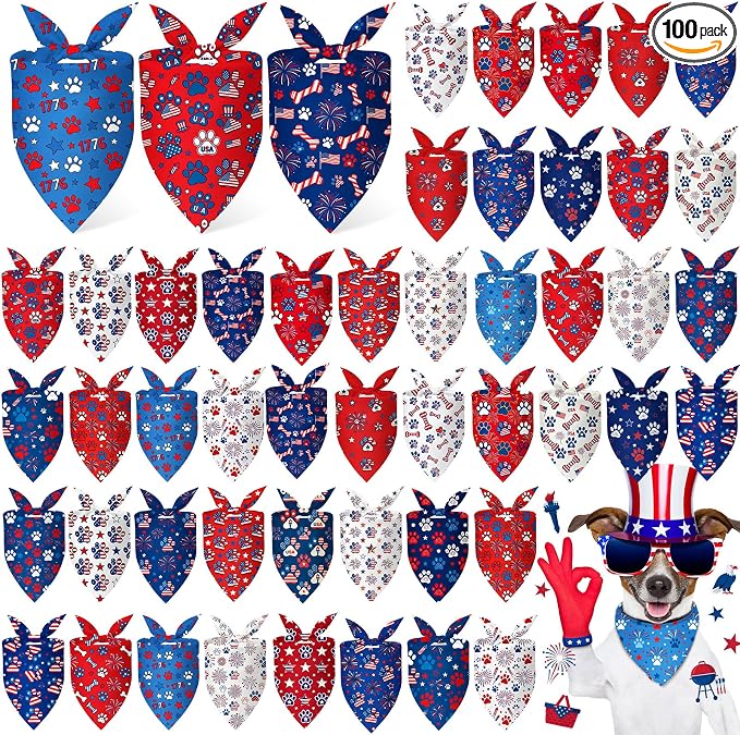 100 Pcs 4th of July Dog Bandanas Bulk Patriotic Paw Prints Pattern | Triangle Kerchief Bibs Scarf Set for Pets Patriotic Party Costume Photo Props Accessories, 25 Styles, 25.6 x 17.7 x 17.7 Inch