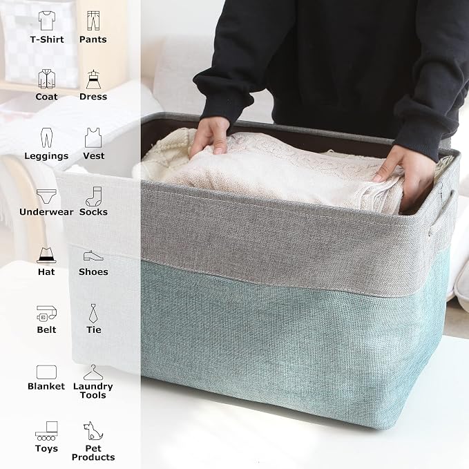Sea Team Oversized Rectangle Canvas Open-Top Storage Baskets, 3-Pack | Collapsible Fabric Storage Bins with Handles, Closet Shelf Organizers, 22 x 15 x 13 Inches, Ash Gray & Gray