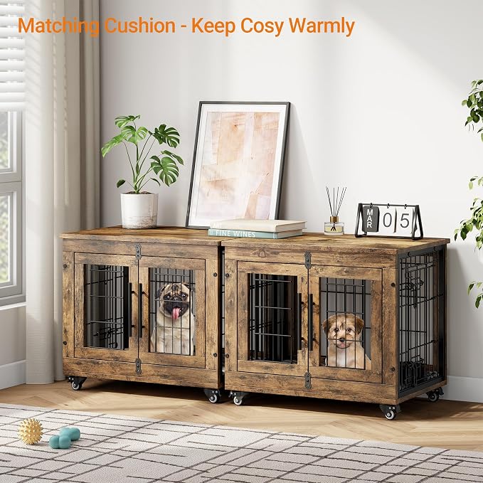 Small Dog Crate Furniture, 27.1'' Heavy Duty Kennel with Cushion & Wheels | Rustic Brown, Double Doors, Wooden Dog Cage, Chew-Resistant, End Table, Decorative, 27"/32"/38"/44" Options, Indoor