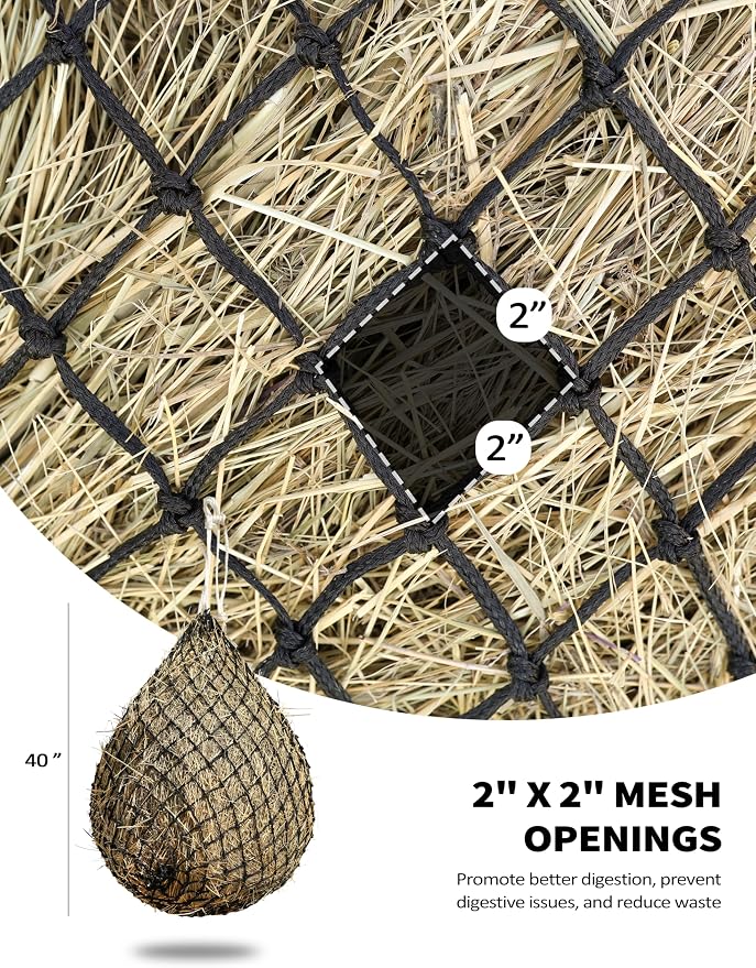 Harrison Howard 2 PCS Slow Feed Hay Net for Horses, 40 Inch Hay Bag Holds 1–2 Flakes, 2 Inch Mesh Durable Hanging Feeder for Stable, Pasture & Livestock-Blue & Black