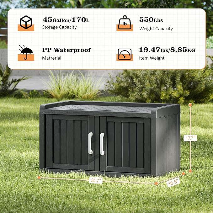 NUNU LAB Outdoor Storage Bench with 2 Barn Doors - Waterproof UV-Resistant Shoe Cabinet for Entryway, Indoor & Outdoor Use, Adjustable Shelves, Easy Assembly (Black, 31.7IN)