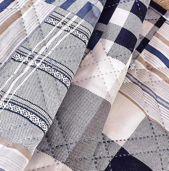 Brilliant Sunshine Blue Plaids & Stripes Patchwork Loveseat Cover, 54" seat | Quilted Sofa Cover, Living Room & Bedroom Furniture Protector, Large Washable Love Seat Slipcover for Pets, Dogs & Cats