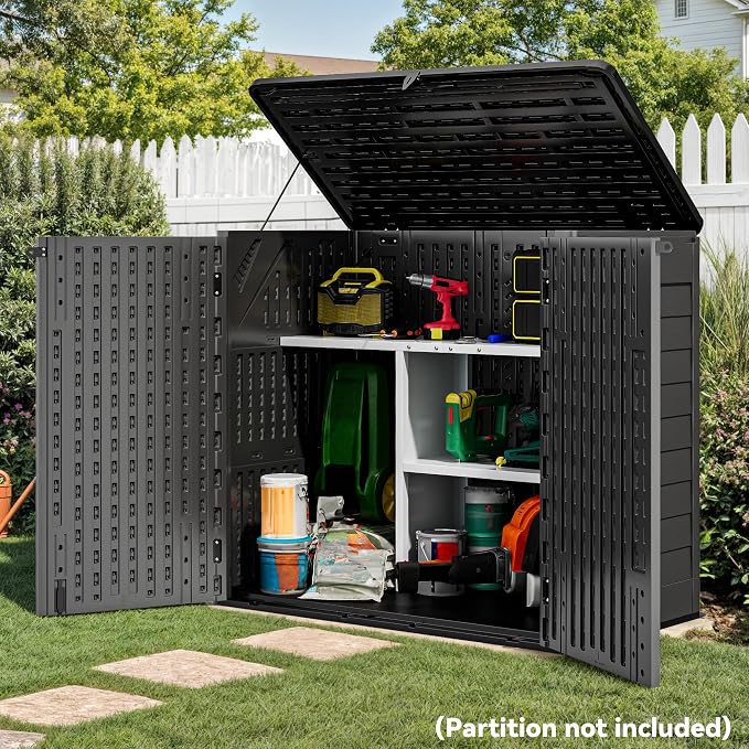 YITAHOME 30 Cu Ft Outdoor Storage Shed, Waterproof Storage Cabinet for Bike & Garden Shed, Horizontal Outdoor Storage Shed for Garage, Pool Storage, Dark Gray & Black