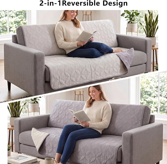 Waterproof Couch Cover for Dogs - Washable Pets Furniture Protector | TPU Leak-Proof Liner, Lightweight & Reversible, Fits Chair, Sofa, Bed, 82" x 82" , Lightgrey/Cream