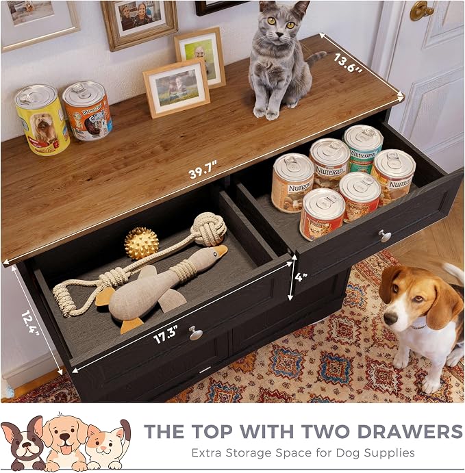 FIMELLO 39.7’’W Dual Doors Dog Food Storage Cabinet, Tilt-Out Dog Feeding Station with 4 Feeding Bowls, Pet Feeder Cabinet, Black Grain