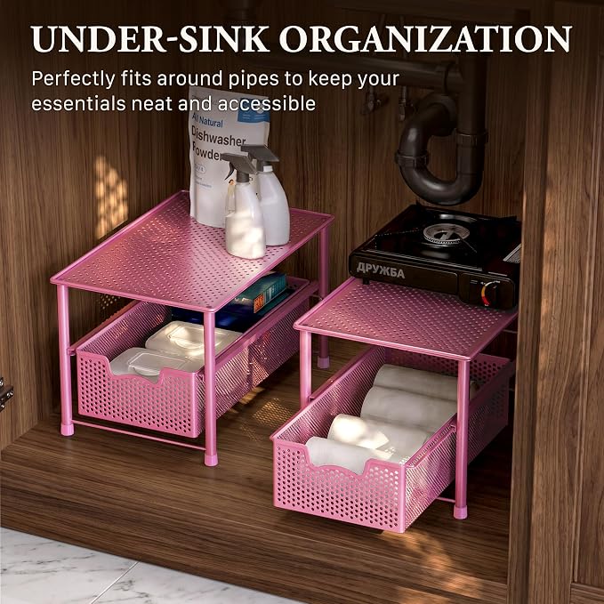 Simple Houseware Stackable Under Sink Sliding Basket Drawer, Pink | Perforated Free Standing Organizer, Kitchen/Pantry/Cabinet/Counter