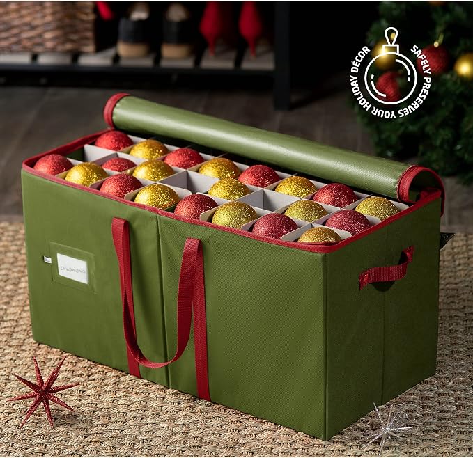 ZOBER Large Christmas Ornament Storage Box - Stores 128 3" Ornaments, With Dividers - Ornament Organizer Storage Box, Durable Christmas Containers Holder - Extra Pockets, Dual Zipper - Green