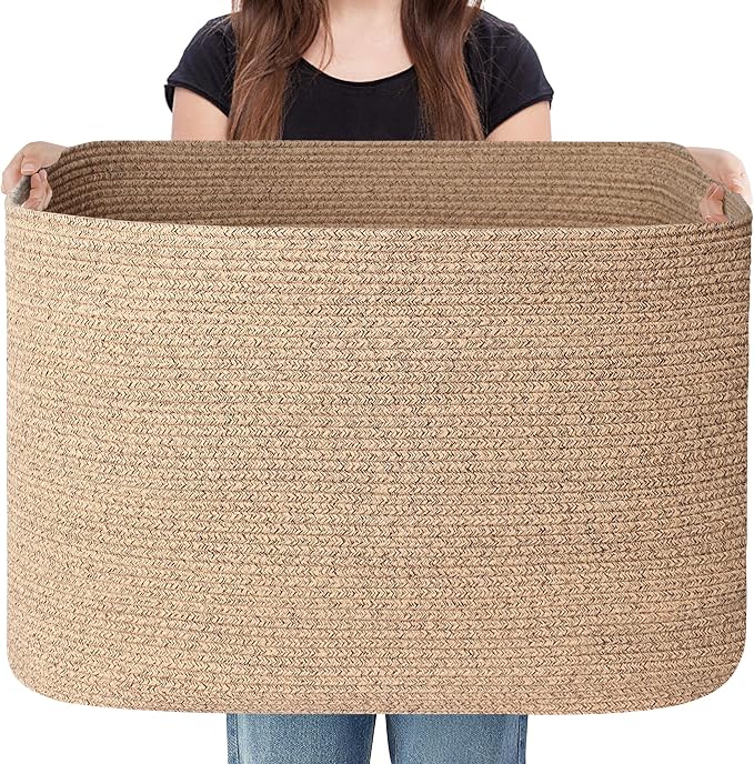 Extra Large Blanket Basket, 108L Rectangle Blanket Storage for Living Room, Woven Cotton Rope Stuffed Animals Storage, Kids Dog Toy Basket Bin Box, Throw Pillow Holder Organizer, 25"x16"x16"