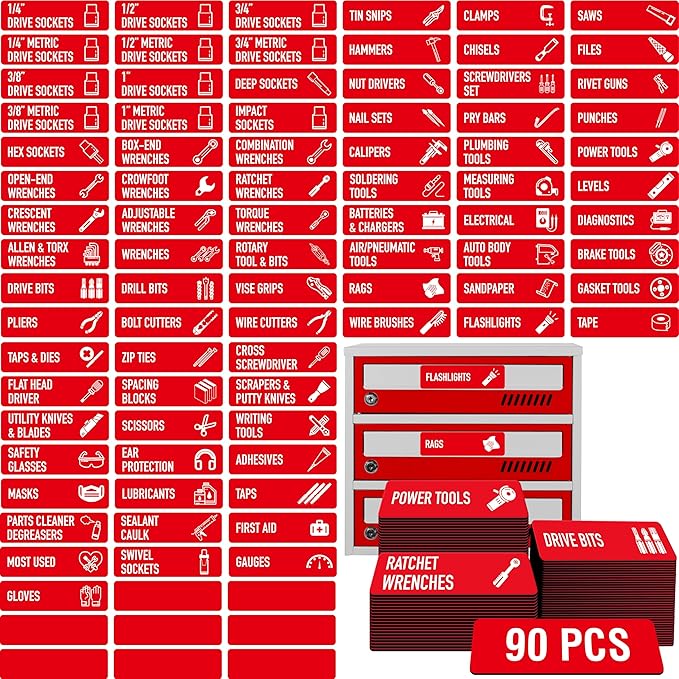 90 PCS Magnetic Toolbox Labels, 82 Pre-Printed & 8 Blanks Large Size Tool Chest Organizer Labels Strong Magnetic & Easy to Read Printing Fits All Brands of Steel Tool Box Drawers (Red, 3.5” x 1”)