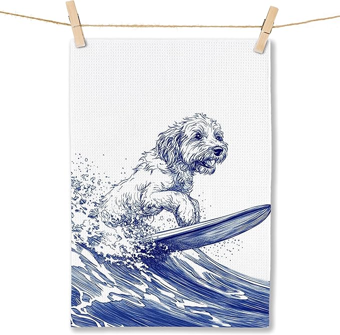 Funny Surfing Dog Kitchen Towels, Goldendoodle Gifts, Beach Hand Towels for Bathroom, Coastal Nautical Dish Tea Towels for Kitchen Decor, Dog Lover Gifts, Coastal Beach Bathroom Decor,16x24 Inch