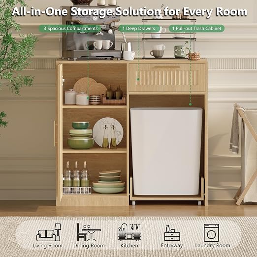 Single 13 Gallon Pull Out Trash Can Cabinet with Storage Cabinet,Natural | Pet Proof Hidden Garbage Can Cabinet,3-Tier Shelves,Fluted Design,Extra Drawer Space,Kitchen & Dining Room Organization