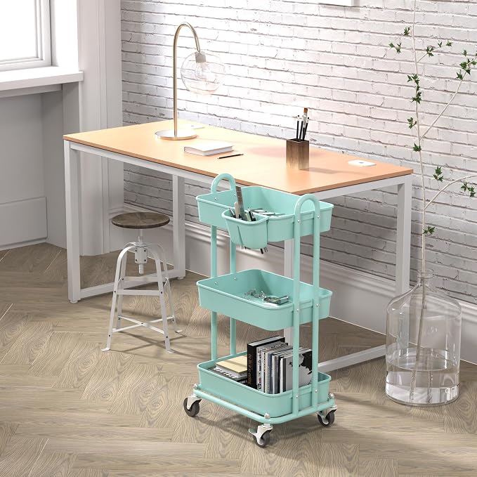 Simple Houseware 3-Tier Rolling Utility Cart with Hanging Bucket, Turquoise | Storage for Bathroom, Kitchen, Office, Study Room, Nursery Diaper