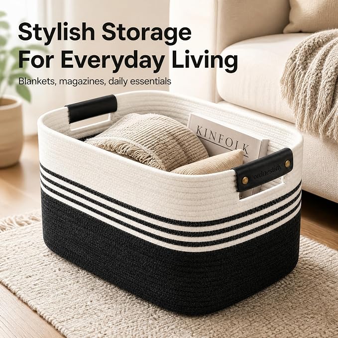 Cotton Rope Laundry Basket Extra Large, 25.4GAL Collapsible Woven Storage Baskets for Living Room Kids Toys Stuffed Animal,Boho Rectangular Decorative Hamper for Dirty Clothes, Blankets White Black