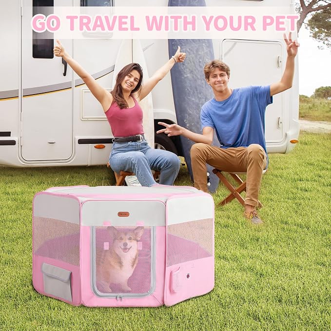 Seiyierr Dog Playpen, Portable Pet Playpen, Puppy Playpen, Cat Playpen with Carrying Case, Dog Playpen for Small Dogs Indoor/Outdoor, Removable Mesh Shade Cover, Pink XL