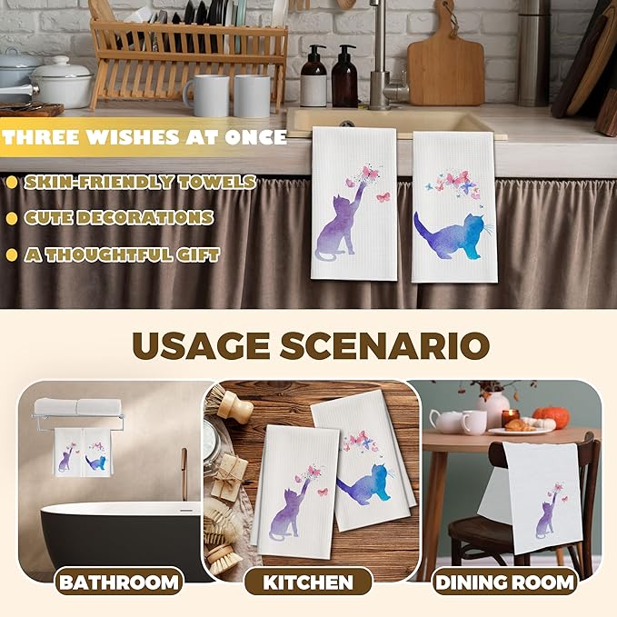 Kitchen Towels Set Of 2, Colorful Cat Dish Towel For Kitchen, Decorative Hand Towels For Bathroom, Fast Drying Tea Towel With Aesthetic Butterfly, Housewarming Gifts For Cat Lover Women Mom -B08