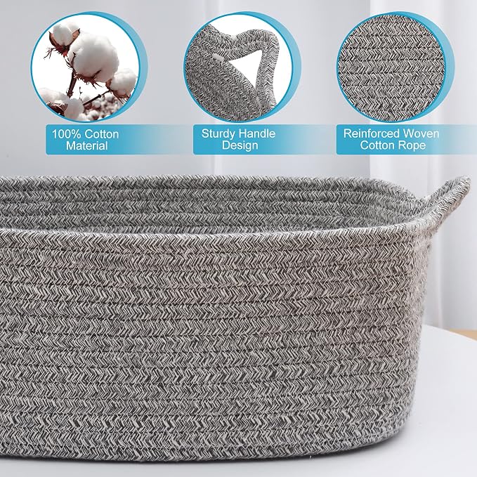 ABenkle Small Storage Basket with Handles, Cotton Rope Woven Dog Cat Toy Bin, Decorative Shelves Closet Organizing for Nursery Laundry Bedroom Bathroom, 14.2''x 11''x 5.1''
