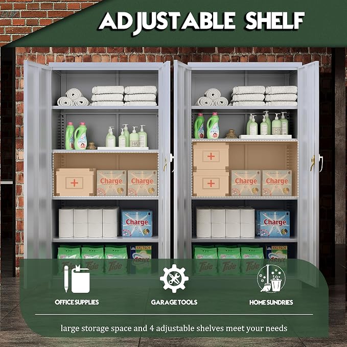 Greenvelly Metal Storage Cabinet, 72" Lockable Metal Garage Storage Cabinet with Doors and 4 Adjustable Shelves, Locking Steel Cabinet for Home Office, Garage, Shop, School (Dark Grey 36" W x 18" D)