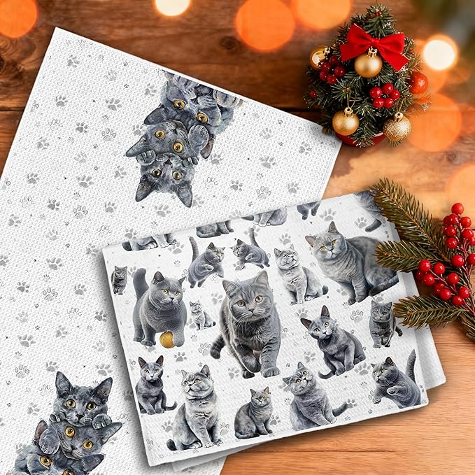 Russian Blue Cat Kitchen Towels, Cat Owner Gifts Dish Tea Towels, Cute Kitty Kitten Paws Decorative Hand Towel for Bathroom, 16x24 Inch Set of 2
