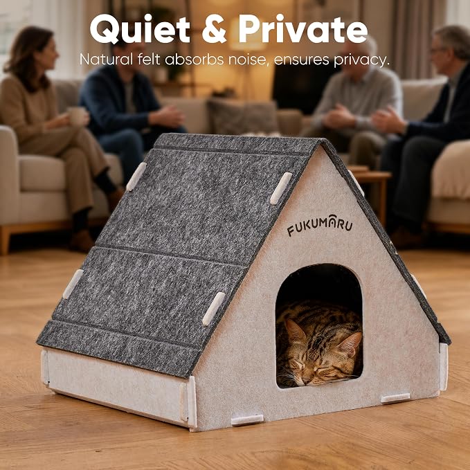 FUKUMARU Cat House Cave Bed for Indoor Cats, Large Warm Felt Cat Hideaway | Scratch-Resistant Cat Cave, Kitten Hideaway for Timid Cat & Small Pet, Modern Sturdy Cats House Condo, Easy to Assemble