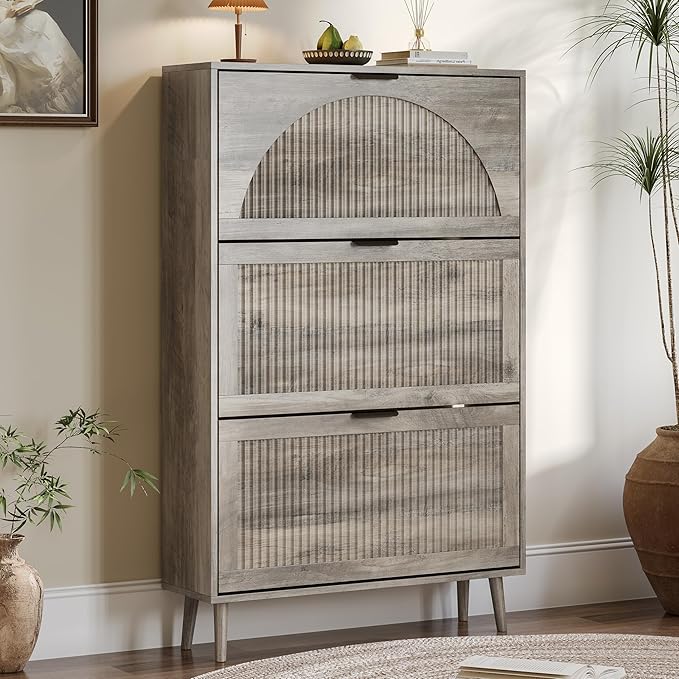 BORNOON Shoe Cabinet for Entryway with 3 Flip Drawers, Slim Wooden Shoe Storage Organizer with Modern Fluted Pannel，Freestanding Narrow Hidden Shoe Rack for Hallway, Foyer, Living Room