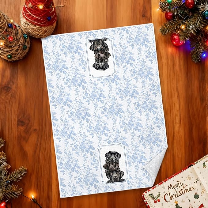 Blue and White Chinoiserie Black Labrador Retriever Kitchen Towels 16x24 in, Black Lab Gifts, Grandmillennial Toile De Jouy Floral Dog Decorative Hand Tea Dish Towels for Bathroom Kitchen