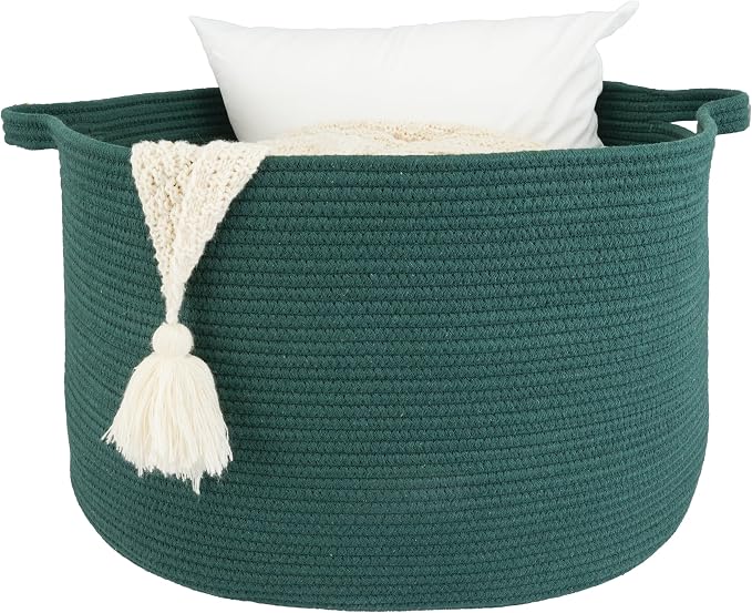 XUANGUO Extra Large Cotton Rope Round Storage Basket 22" x 14" Dark Green | Woven basket for blankets, toys, towels, laundry, nursery, living room and pet toy storage.