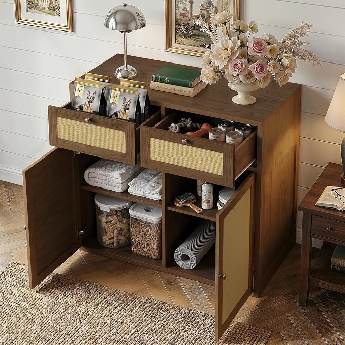 PureCozy Wooden Side Cabinet for Dog Crate Furniture, 40 Inch, Light Oak | Complementary storage unit with cane doors and 2 drawers; pairs with PureCozy dog crate furniture for indoor use.
