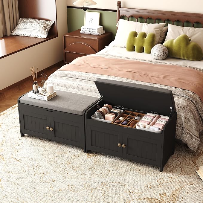 HOMEFORT 30" Shoe Bench with Lift Top Storage, Entryway Bench with Cushioned Seat, Wooden End of Bed Bench, Shoe Cabinet Bench with Hidden Storage Space, for Bedroom, Hallway,Black