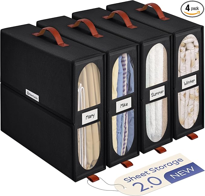 4x Bed Sheet Organizer Storage Boxes with Big See-Through Windows - Bedsheet Organizers Redesigned. Robust Bed Sheet Storage -15x13x5 Inches Sheet Organizers Containers (Black)
