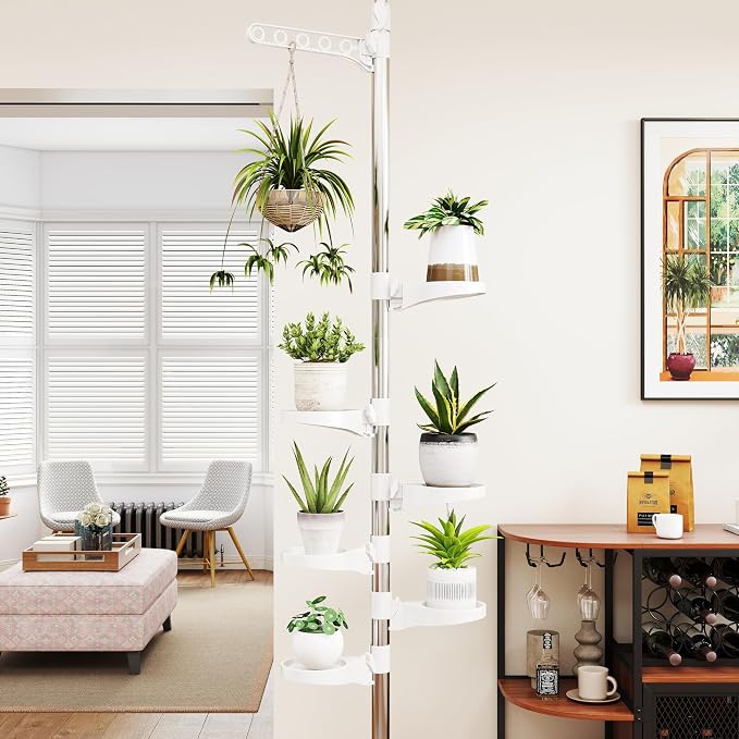 BAOYOUNI Plant Stand 7-Tier Tension Pole Metal Flower Rack Corner Ivory | Spring Loaded Pole,No Drilling Required ，Adjustable Height ,Space-Saving Corner Design， Holds Multiple Flower Pots