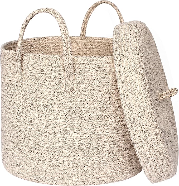 15”x13” Storage Basket with Lid, Blanket Storage for Living Room, Woven Cotton Rope Bin with Cover, Kids Dog Toy Box, Baby Laundry Basket with Lid, Covered Blankets Pillows Holder, Brown