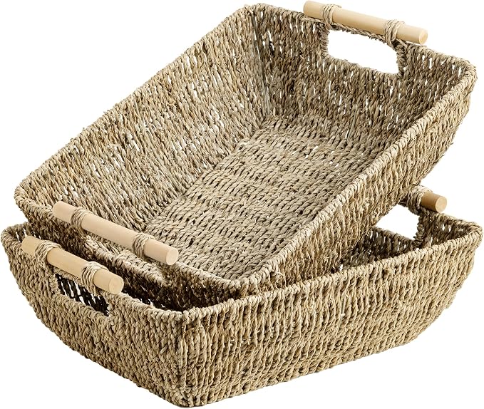 StorageWorks Hand-Woven Jumbo Storage Baskets with Wooden Handles, Seagrass Wicker Baskets for Organizing, 2-Pack | Wicker Storage Baskets for Shelves, Baskets with Wooden Handles, 2-Pack Gifts Basket for Home Decor, Hand-Woven Basket