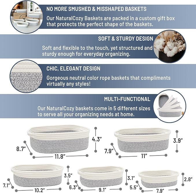 NaturalCozy 5-Piece Rectangle Storage Basket Set- Natural Cotton Rope Woven Baskets for Organizing! Small Basket for Montessori, Baby Nursery, Dog Toy Baskets, Cat Toy Box, Bathroom Organization Bin