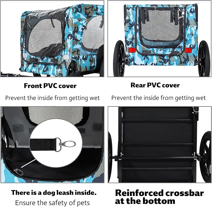 KEIKI Dog Bike Trailer with Built-in Leash, Pet Stroller Cart Bicycle Carrier, Easy Folding Cart Frame with Front Caster & 16" All-Terrain Wheels & Universal Hitch, Supports up to 66 lbs