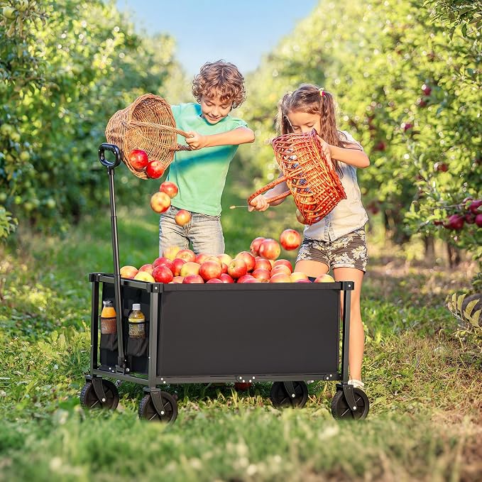 29.3" Collapsible Wagon Cart, 150L Heavy Duty Folding Utility Wagon with Wheels, 260 lbs Load, Portable Rolling Cart for Garden, Shopping, Sports, Camping, Black