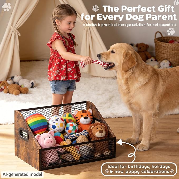 Piskyet Wood Dog Toy Bin, Dog Toy Box(Rustic Brown) | Wood Dog Toy Basket,Dogs Storage Organizer, Large Cat Toys Basket Box for Living Room Area Wooden Organizing Storage