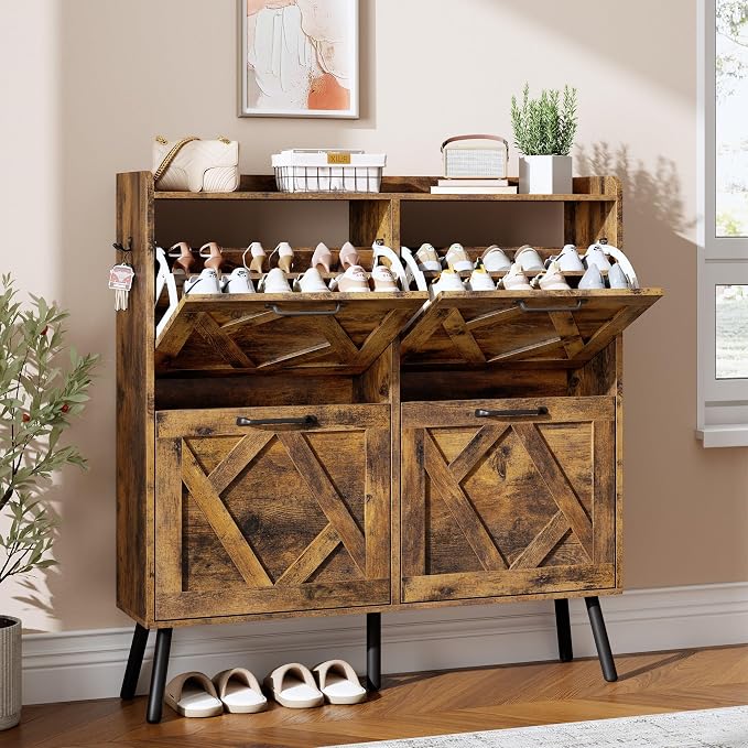 Shoe Cabinet Storage for Entryway, Freestanding Shoe Storage Cabinet, Farmhouse Narrow Shoe Rack Cabinet for Entryway, Foyer, Hallway, Shoe Cabinet 4 Flip Drawers