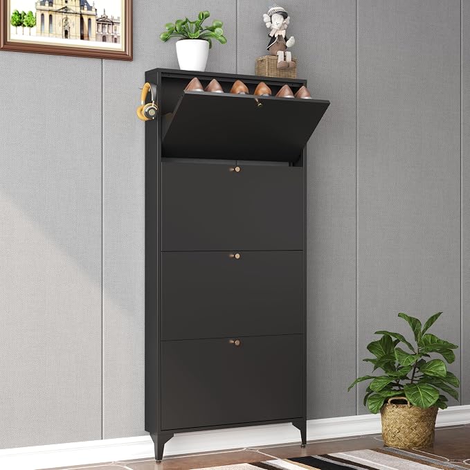 Shoe Cabinet with 4 Flip Drawers, Narrow Shoe Storage Cabinet, Farmhouse Shoe Organizer, Freestanding Organizer with Metal Legs for Entryway, Foyer (Black, 4 Door)