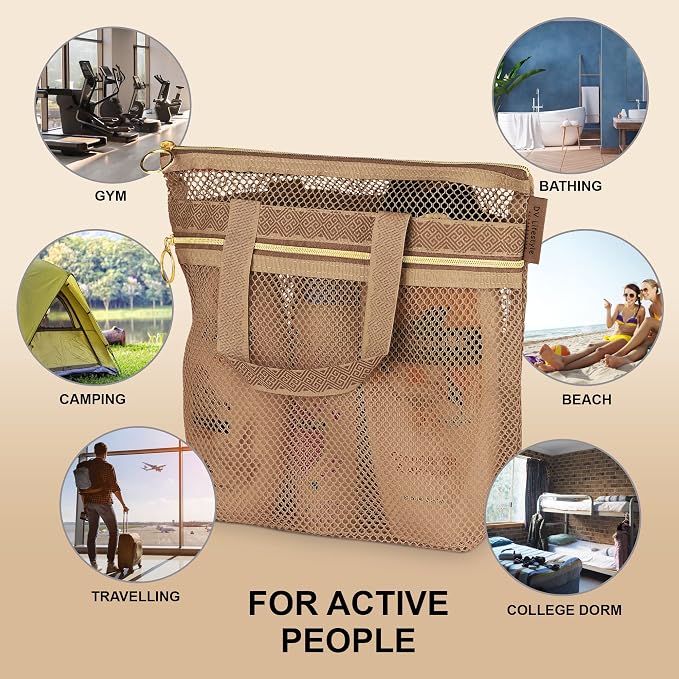 Mesh Shower Bag 10.2x9.9'' Quick-Dry Caddy with Zipper & 2 Pockets. Portable Toiletry Tote for Bathroom, Gym, Travel, Camp, Beach, for Sunscreen, Dorm & College Essentials (Brown)