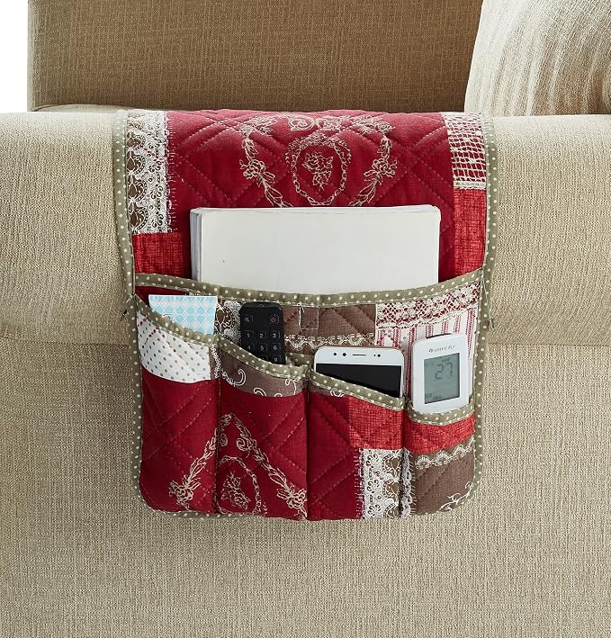 Brilliant Sunshine Burgundy Toile Floral Couch Armrest Cover, 35"×13" | Washable Magazine Holder, Armrest Organizer & Caddy on Sofa, Recliner, Armchair, Storage for Remote Controls, Phone, iPad