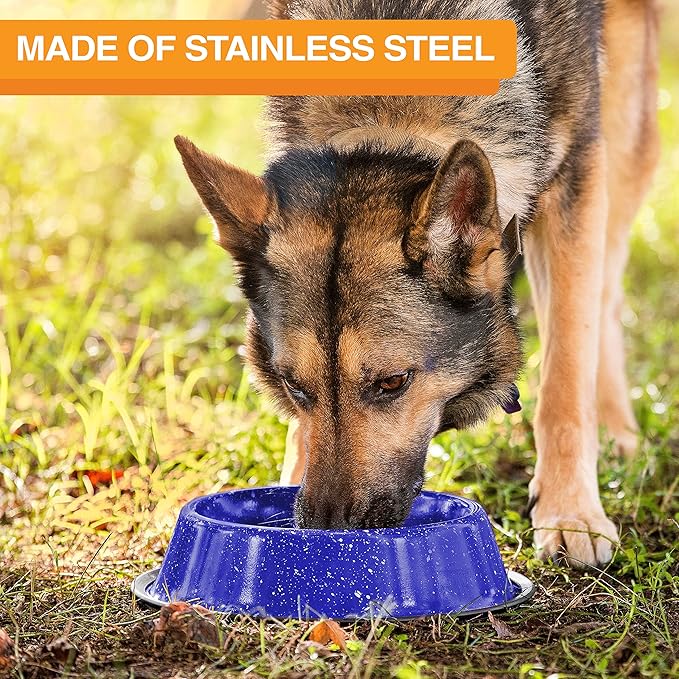 Neater Pet Brands - Outdoor Camping Style Pet Bowl - Enamel Ware Blue Black Granite Colors - Dog Cat No Tip Skid Bowls (32 oz, Blue)